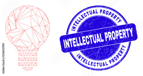 Web mesh electric bulb pictogram and Intellectual Property seal. Blue vector round grunge seal with Intellectual Property text. Abstract carcass mesh polygonal model created from electric bulb icon.