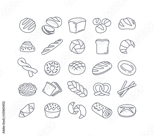 Large set of 25 black and white bread icons showing assorted loaves, rolls, buns, cakes, pretzels, bagels and pastries in vector line drawings