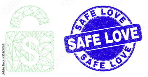 Web mesh bank lock icon and Safe Love watermark. Blue vector rounded distress seal with Safe Love title. Abstract carcass mesh polygonal model created from bank lock icon.