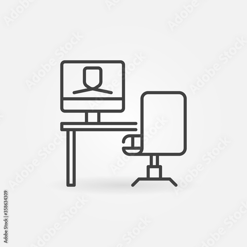 Workplace with Video Conference vector concept icon or sign in outline style