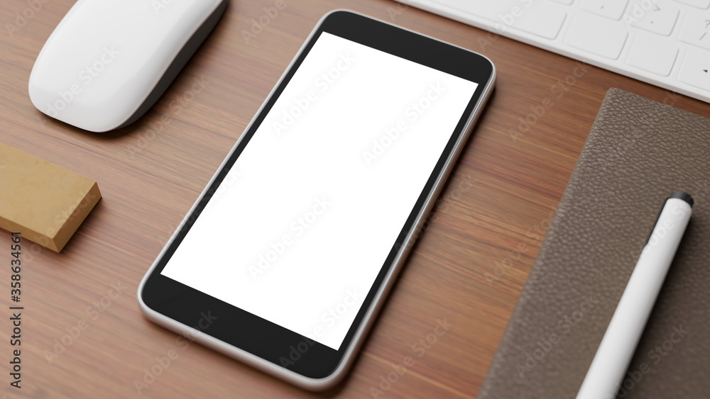 Copyspace of blank screen mockup mobile phone on wooden working table Copyspace of blank screen mockup mobile phone on wooden working table