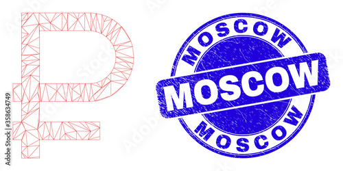 Web carcass rouble symbol pictogram and Moscow seal. Blue vector rounded grunge seal with Moscow text. Abstract carcass mesh polygonal model created from rouble symbol icon.