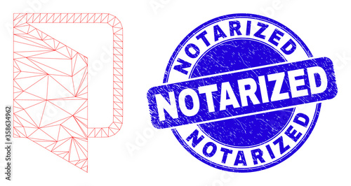 Web mesh open folder pictogram and Notarized watermark. Blue vector rounded scratched watermark with Notarized message. Abstract carcass mesh polygonal model created from open folder pictogram.