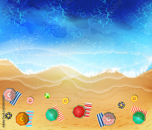 Summer sea beach top view with waves and  foam. Sandy ocean shore. Vector  illustration of coast with yellow sand,turquoise water and tropical seaside.Concept of  exotic vacation.
