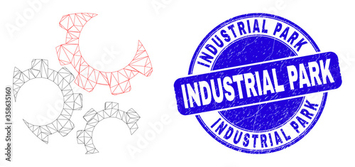 Web carcass gears pictogram and Industrial Park seal stamp. Blue vector rounded distress seal stamp with Industrial Park title. Abstract frame mesh polygonal model created from gears pictogram.