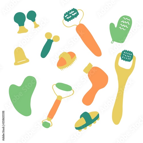 Massage accessories. Roller, brush, jar for massage of face and body. Set of spa accessories tools and supplies for cosmetology procedure. Hand drawn flat vector elements
