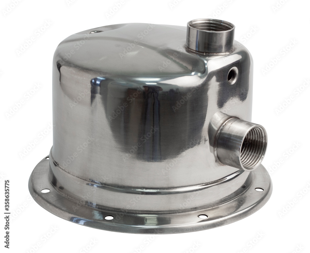 Stainless steel housing for suction pump. Motor front cover. Isolated on white background. Stainless steel housing for suction pump. Motor front cover. Isolated on white background.