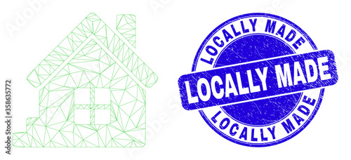 Web carcass home icon and Locally Made seal stamp. Blue vector rounded grunge seal stamp with Locally Made caption. Abstract carcass mesh polygonal model created from home icon.