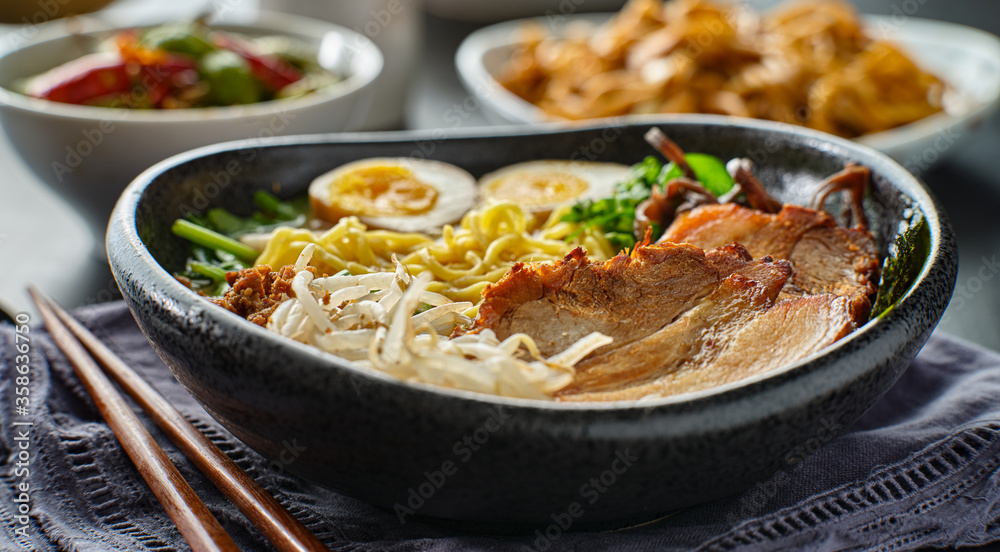 japanese tonkotsu ramen bowl on dinner table at restaurant japanese tonkotsu ramen bowl on dinner table at restaurant