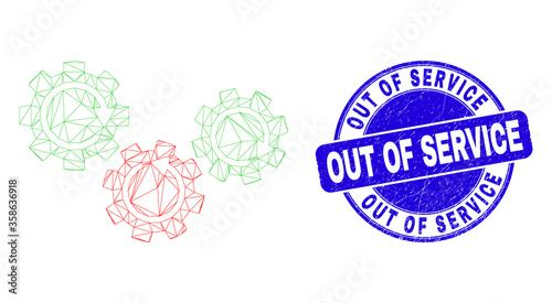 Web mesh gear mechanism icon and Out of Service watermark. Blue vector rounded grunge watermark with Out of Service message. Abstract carcass mesh polygonal model created from gear mechanism icon.