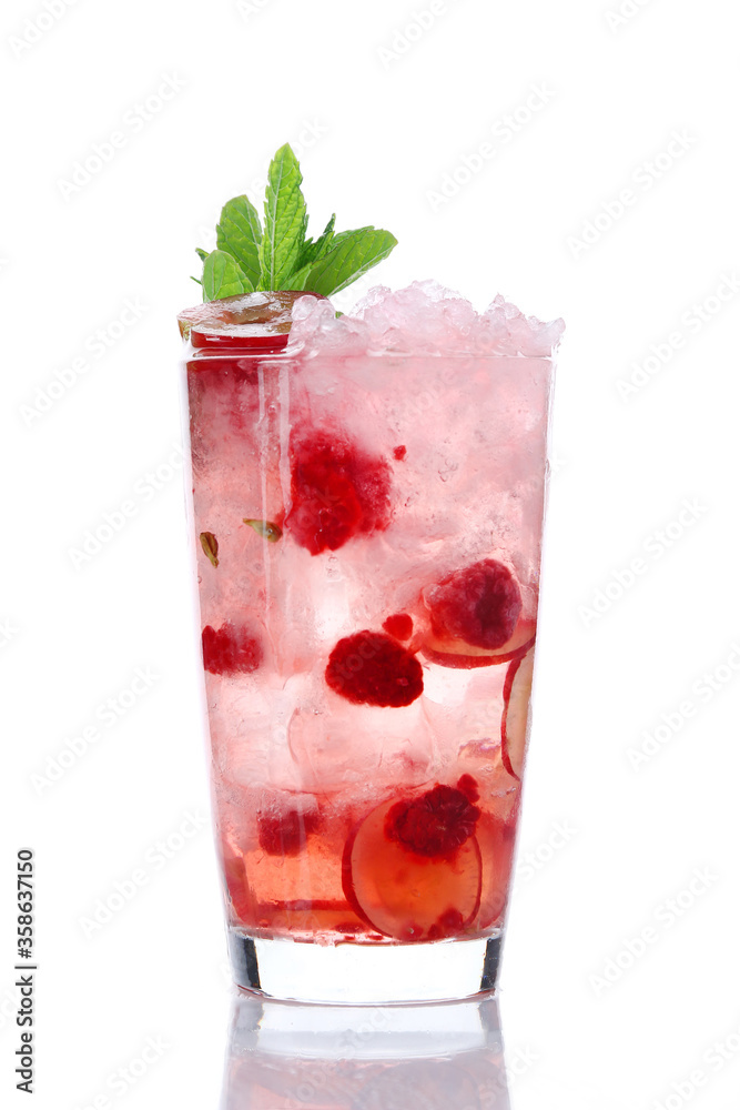 Fresh raspberry lemonade with mint and ice. raspberry and grape lemonade or cocktail isolated on white background