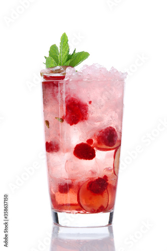 Fresh raspberry lemonade with mint and ice. raspberry and grape lemonade or cocktail isolated on white background