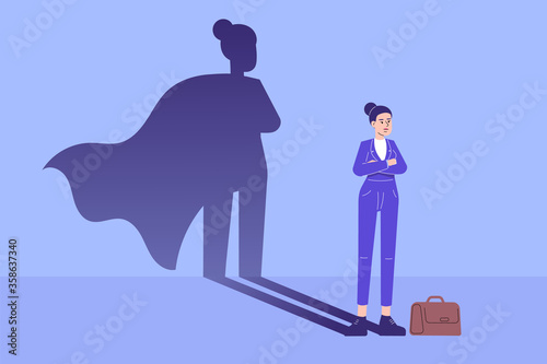 Business man hero concept. Young business woman standing confidently with superhero shadow. Leadership super hero in business. Success and Ambition. Achievement and Motivation. Vector illustration