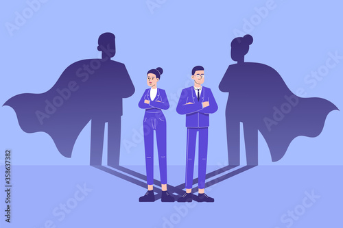 Businessman hero concept. Young business people standing confidently with superhero shadow. Leadership super hero in business. Success and Ambition. Achievement and Motivation. Vector illustration