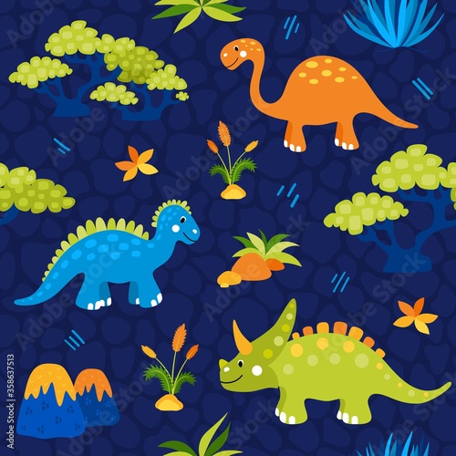 Seamless pattern with dinosaurs and tropical leaves and flowers. Vector illustration for textile and fabric.