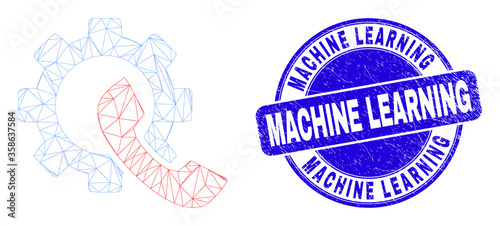 Web carcass phone receiver gear icon and Machine Learning seal. Blue vector rounded scratched watermark with Machine Learning phrase.
