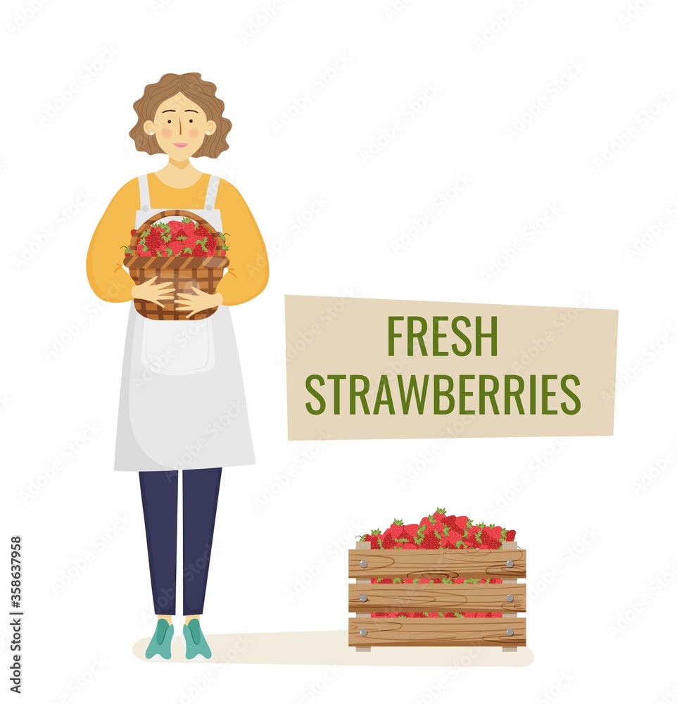 Young adult farmer woman holding a basket full of harvested strawberries. Vector illustration for logo design and local products advertisement