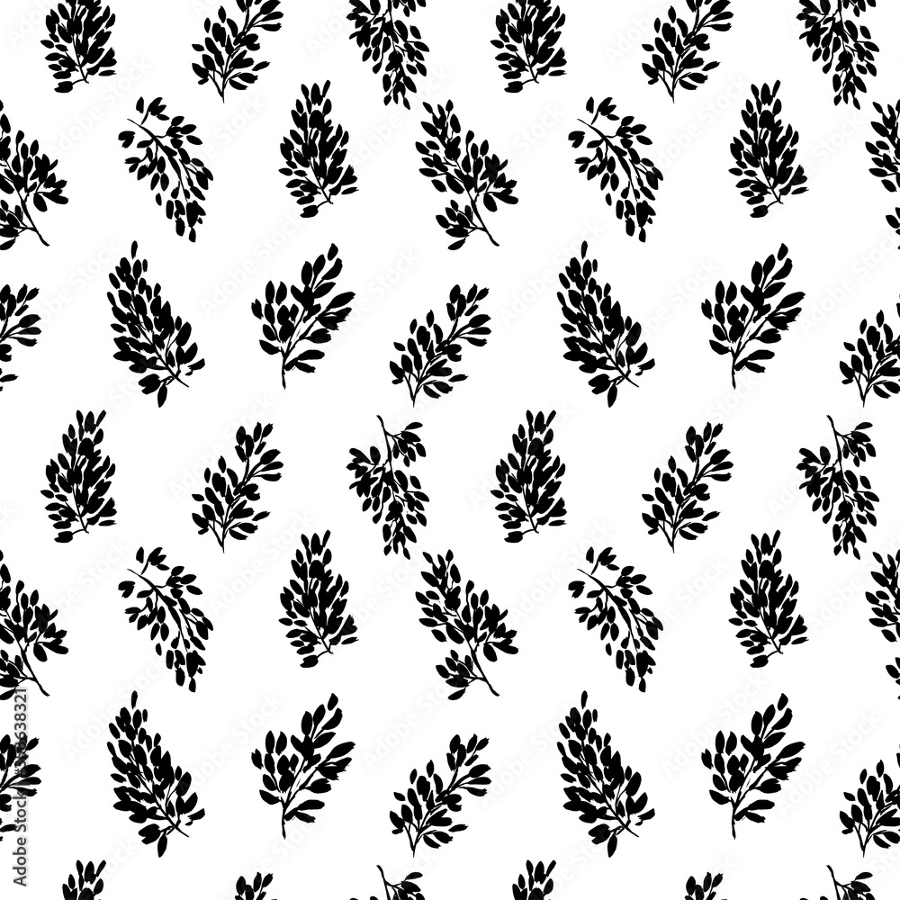 Fototapeta premium Seamless vector pattern with branches. Black paint branches with small leaves. Brush strokes decorative pattern.