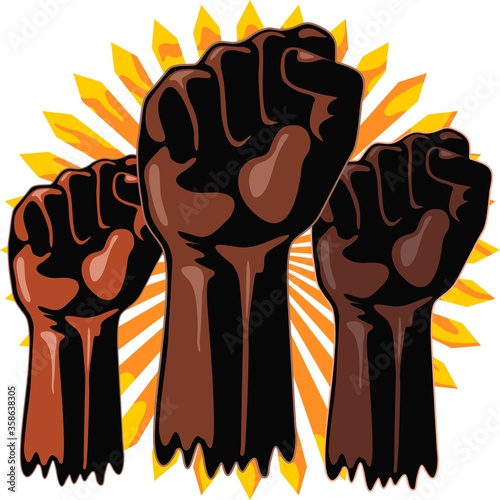 Black Power Raised Fists Symbols Slogan on Abstract yellow sun Vector Illustration 
