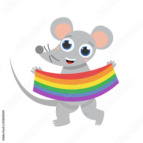 Mouse animal with rainbow flag. Happy Pride month. LGBT concept. flat vector illustration isolated on white background