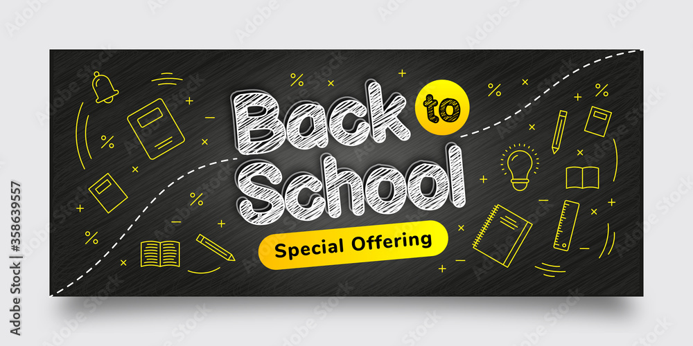 Naklejka premium Back to School Special Offering Banner Template, Black, Yellow, White, Text Effect, Background