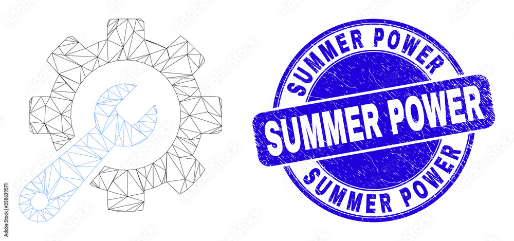Web mesh service tools icon and Summer Power seal. Blue vector rounded grunge stamp with Summer Power phrase. Abstract frame mesh polygonal model created from service tools icon. Web mesh service tools icon and Summer Power seal. Blue vector rounded grunge stamp with Summer Power phrase. Abstract frame mesh polygonal model created from service tools icon.