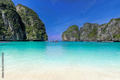 Maya Bay beach on the coast of Thailand in summertime
