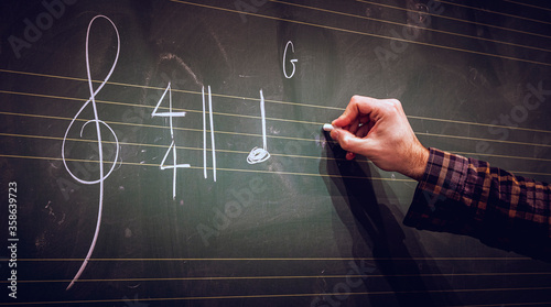 Hand writing music notes on a score on blackboard with white chalk. Musical composition or training or education concept.