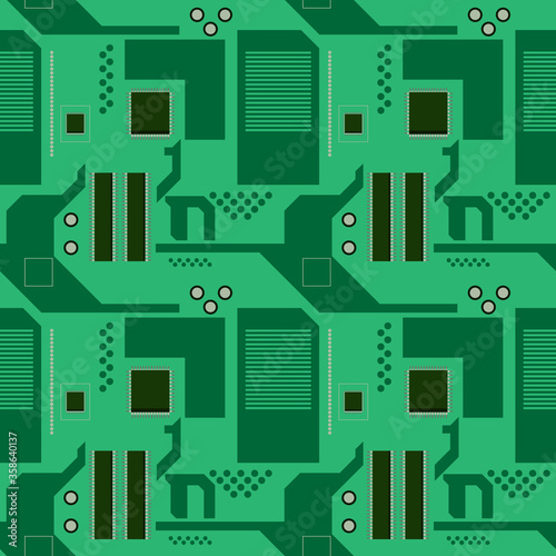 Seamless pattern created by several objects set to green circuit board © CHATCHAI