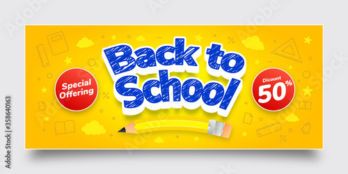 Back to School Special Offering Discount Banner Template, Blue, Yellow, White, Red, Text Effect, Background