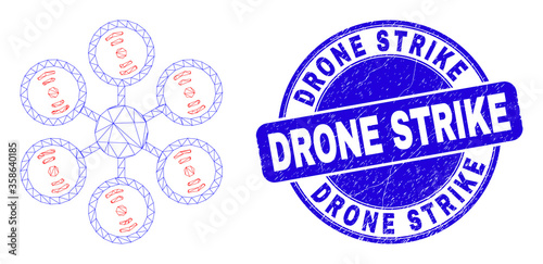Web carcass hexacopter icon and Drone Strike seal stamp. Blue vector rounded distress seal with Drone Strike caption. Abstract carcass mesh polygonal model created from hexacopter icon.