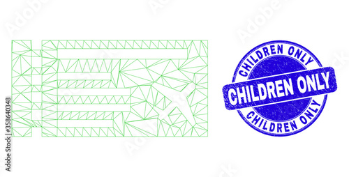 Web mesh airticket icon and Children Only seal. Blue vector round scratched seal stamp with Children Only caption. Abstract carcass mesh polygonal model created from airticket pictogram.