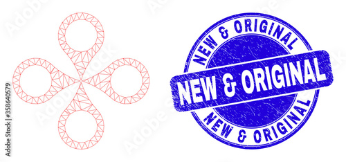 Web mesh quadrocopter pictogram and New & Original seal stamp. Blue vector rounded grunge seal stamp with New & Original phrase.