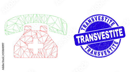 Web mesh medical phone icon and Transvestite seal. Blue vector round textured seal stamp with Transvestite message. Abstract carcass mesh polygonal model created from medical phone icon.