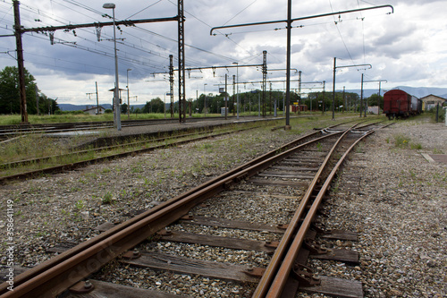 Railway road countryside landscape with cargo train on horizon commerce industrial transport  concept 