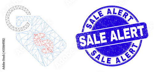 Web carcass price tag pictogram and Sale Alert watermark. Blue vector round scratched watermark with Sale Alert title. Abstract frame mesh polygonal model created from price tag pictogram.