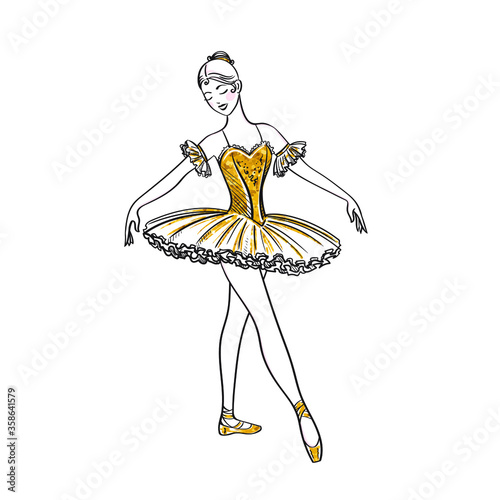 Ballet dancer silhouette in a gold dress. Realistic ballerina, beautiful woman against white background. Ballet banner. Linar Vector illustration.