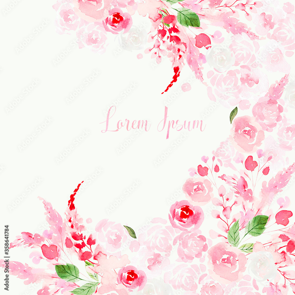 Beautiful Watercolor card with roses and peony flowers. 