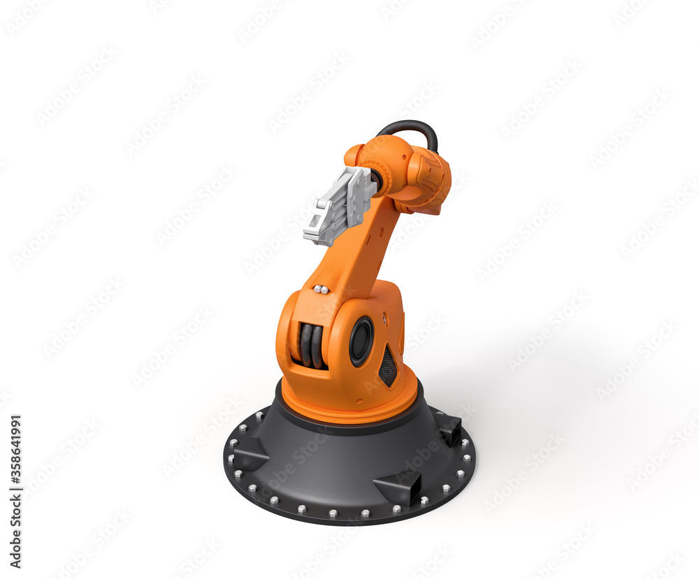 3d rendering of orange robotic arm with grey gripper standing on white background.