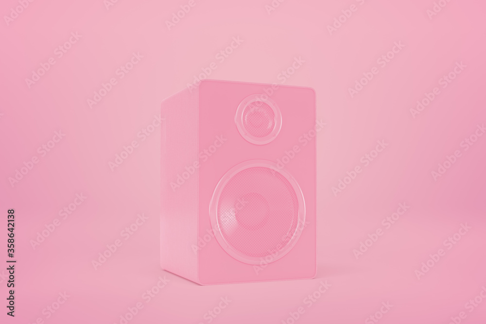 3d rendering of pink audio column speaker standing on background of the same color. 3d rendering of pink audio column speaker standing on background of the same color.