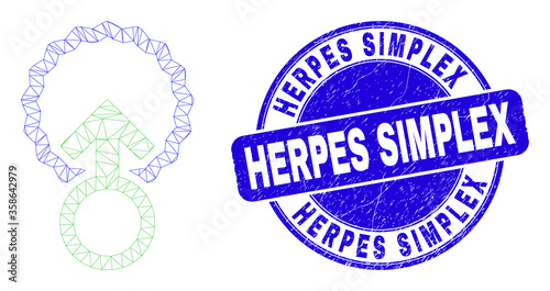 Web carcass insemination pictogram and Herpes Simplex seal stamp. Blue vector round distress seal stamp with Herpes Simplex text.
