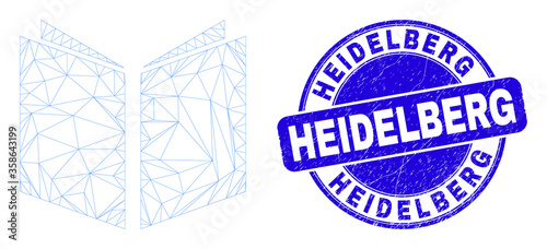 Web carcass open book icon and Heidelberg seal stamp. Blue vector round distress stamp with Heidelberg text. Abstract carcass mesh polygonal model created from open book icon.
