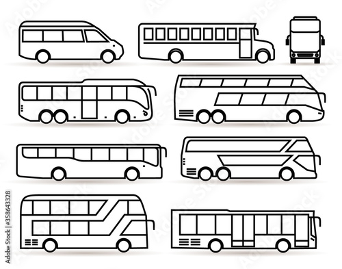 Big set of bus icon. Transport symbol black in linear style. Vector illustration. Isolated on white background.