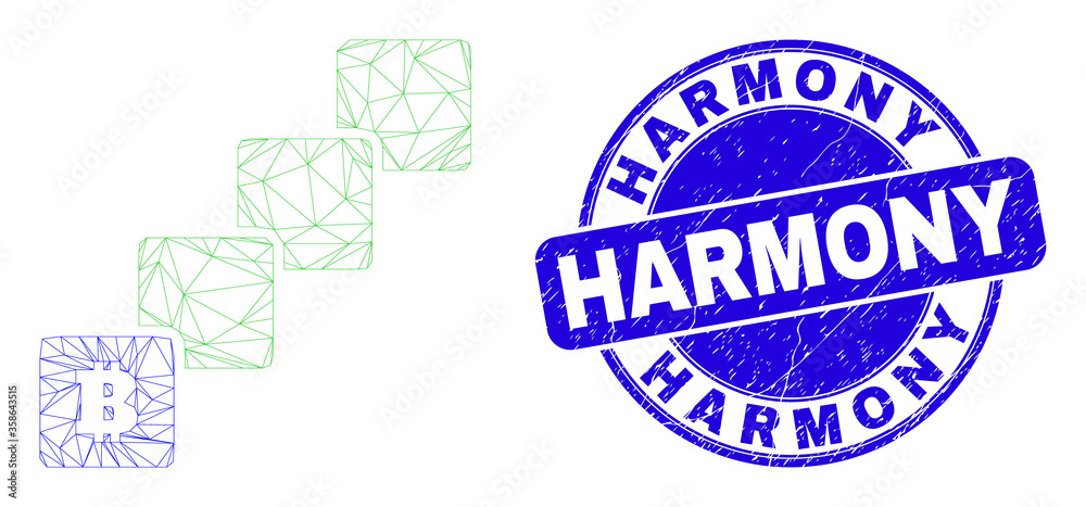 Web mesh bitcoin blockchain pictogram and Harmony watermark. Blue vector round distress seal stamp with Harmony caption. Abstract frame mesh polygonal model created from bitcoin blockchain pictogram.