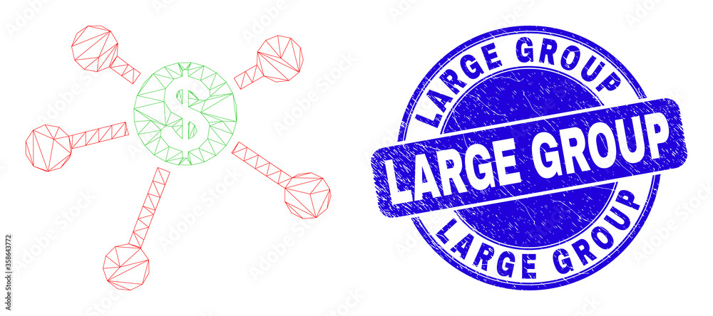 Web carcass dollar links pictogram and Large Group watermark. Blue vector round scratched watermark with Large Group message. Abstract carcass mesh polygonal model created from dollar links pictogram. Web carcass dollar links pictogram and Large Group watermark. Blue vector round scratched watermark with Large Group message. Abstract carcass mesh polygonal model created from dollar links pictogram.