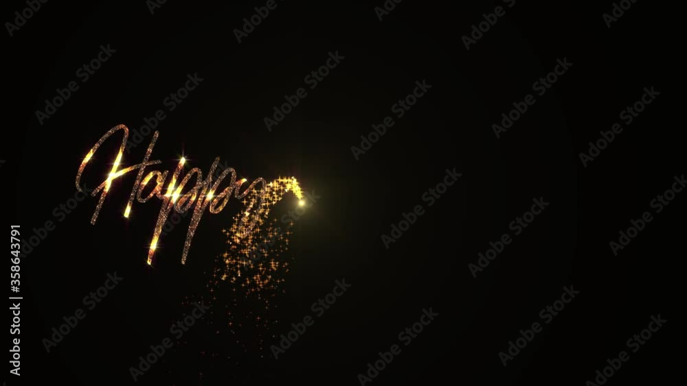 2021 Happy New Year greeting text with particles and sparks on black night sky with colored slow motion fireworks on background, beautiful typography magic design.