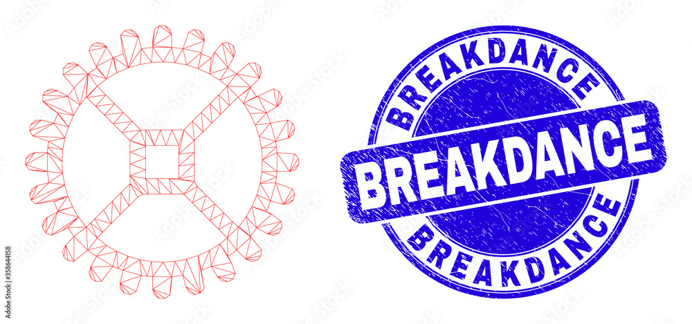 Web mesh clock gear pictogram and Breakdance seal stamp. Blue vector rounded textured stamp with Breakdance title. Abstract frame mesh polygonal model created from clock gear pictogram. Web mesh clock gear pictogram and Breakdance seal stamp. Blue vector rounded textured stamp with Breakdance title. Abstract frame mesh polygonal model created from clock gear pictogram.