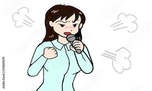 マイクをもって怒る女性
