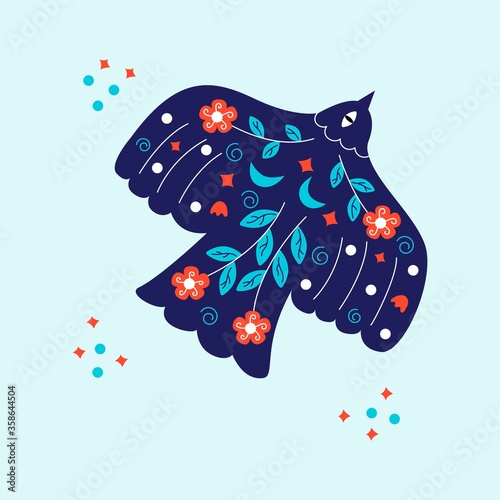 Blue bird pigeon decorated with flowers and twigs with leaves flies. Bright colorful vector illustration in cartoon style on a light background. Dove of peace