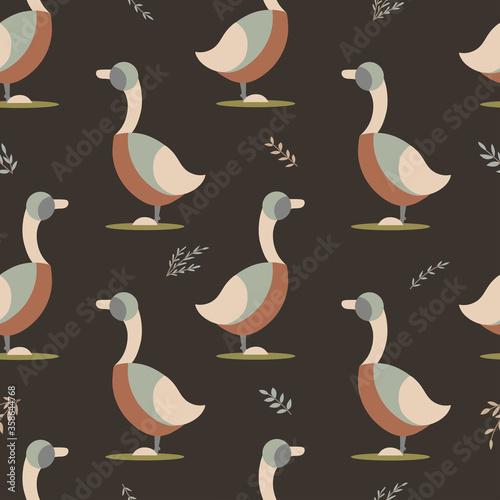 Goose and leafs seamless pattern. Farm wrapping paper. Bird vector illustration textile  wallpaper or fabric. Rural domestic cute animal. Organic healthy meat. Design for eco cusine. 